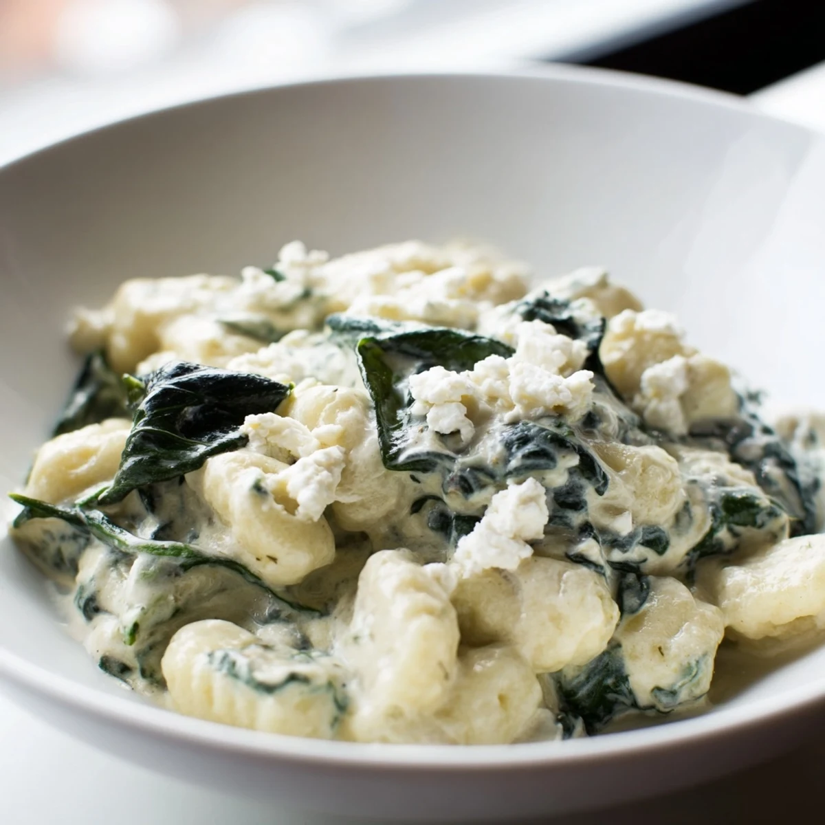Creamy gnocchi with spinach and feta topped with crumbled cheese in white sauce