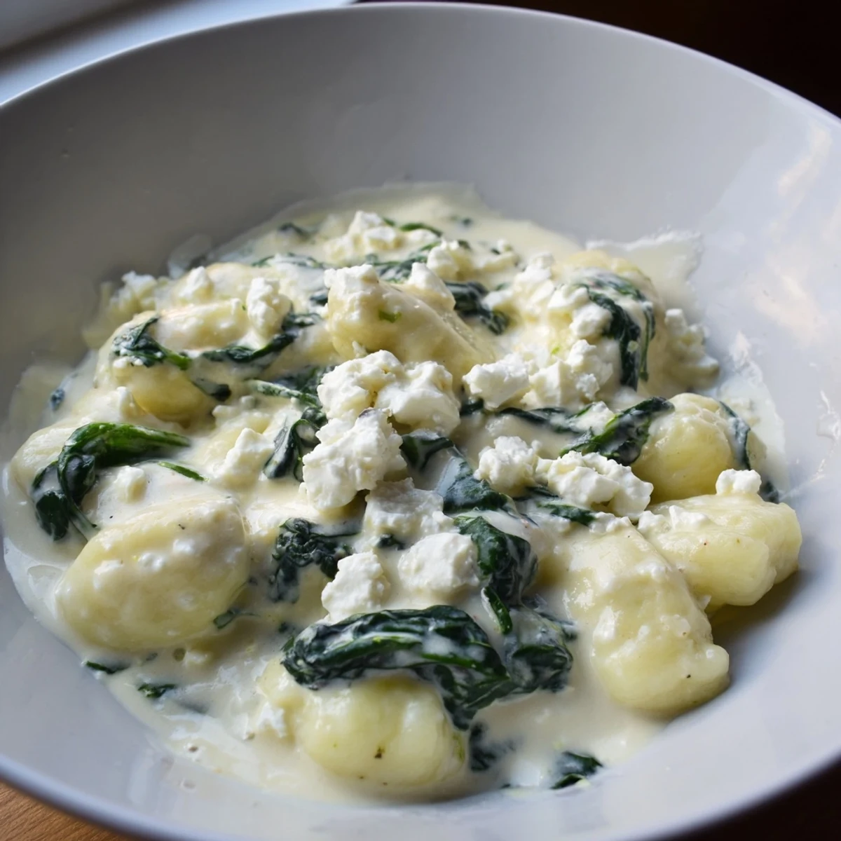 Tender potato gnocchi with spinach and feta glistening in rich cream sauce