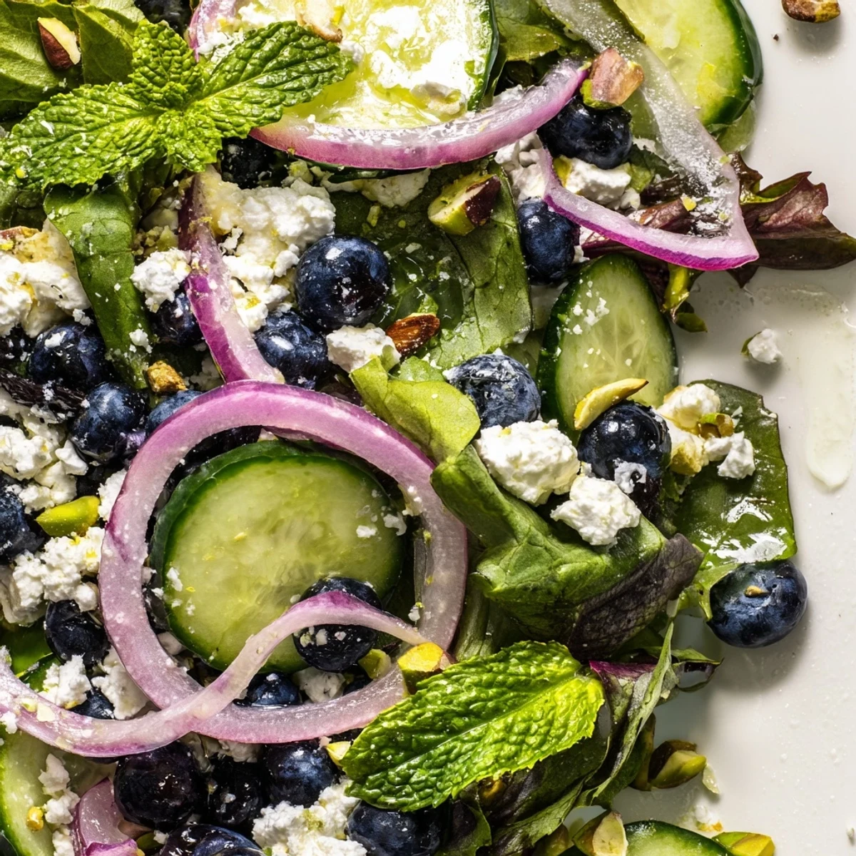 Fresh Blueberry Pistachio Spring Salad topped with crumbled feta and zesty lemon-honey vinaigrette