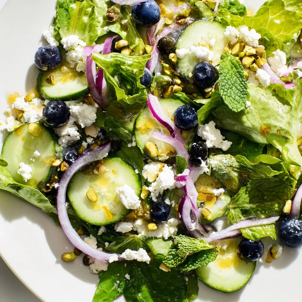 Vibrant spring greens with sweet blueberries and crunchy pistachios in this refreshing Blueberry Pistachio Salad
