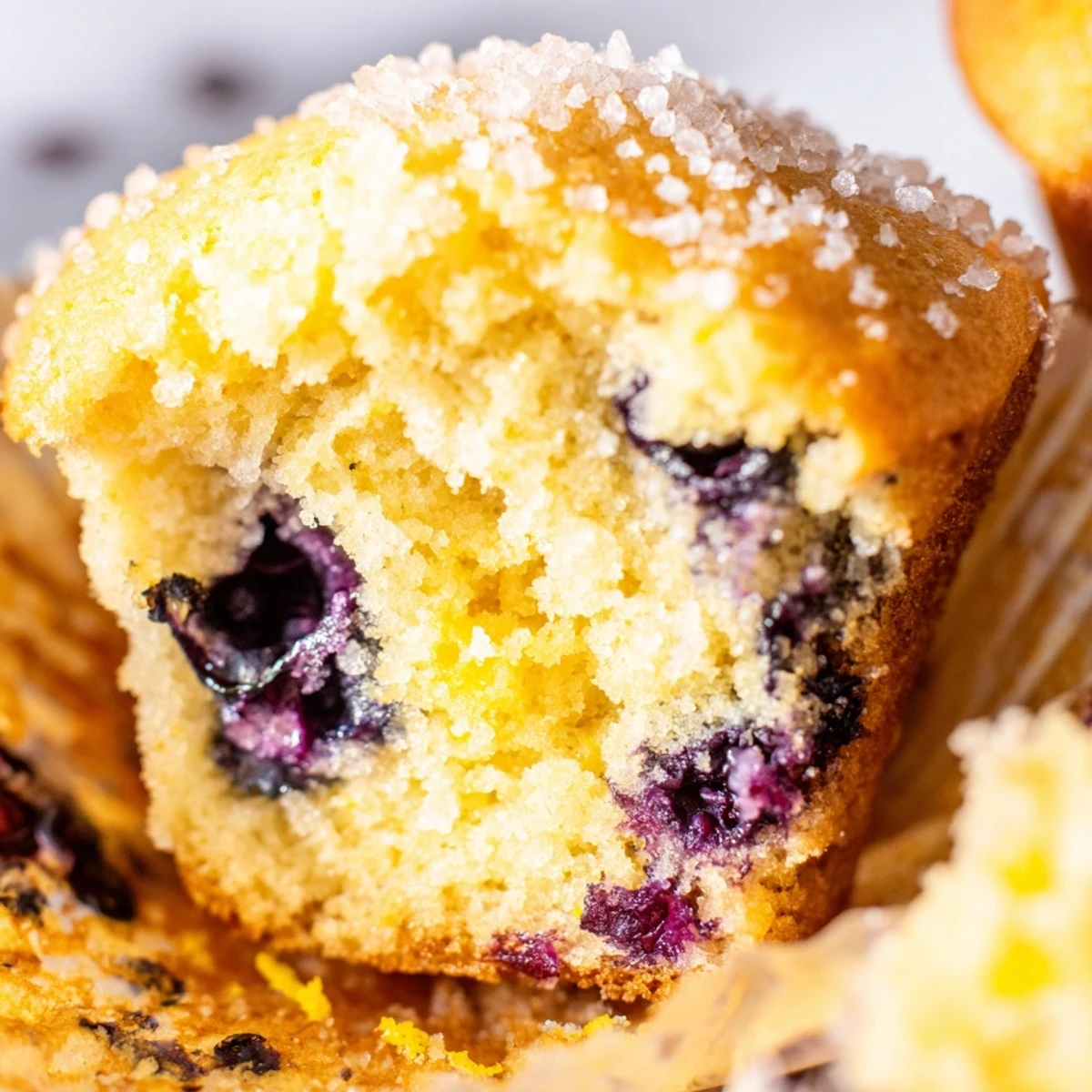 Golden lemon blueberry muffins with sparkling sugar tops on a rustic white plate