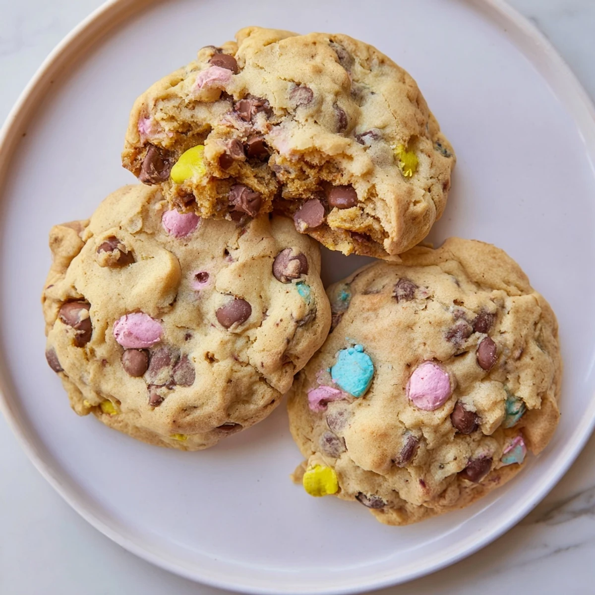 Soft chewy Cadbury Egg Cookies with colorful candy pieces on rustic baking sheet