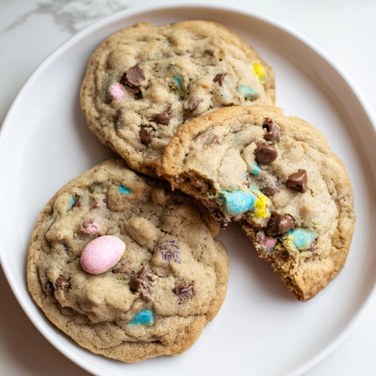 Golden brown Cadbury Egg Cookies studded with chocolate chips served warm
