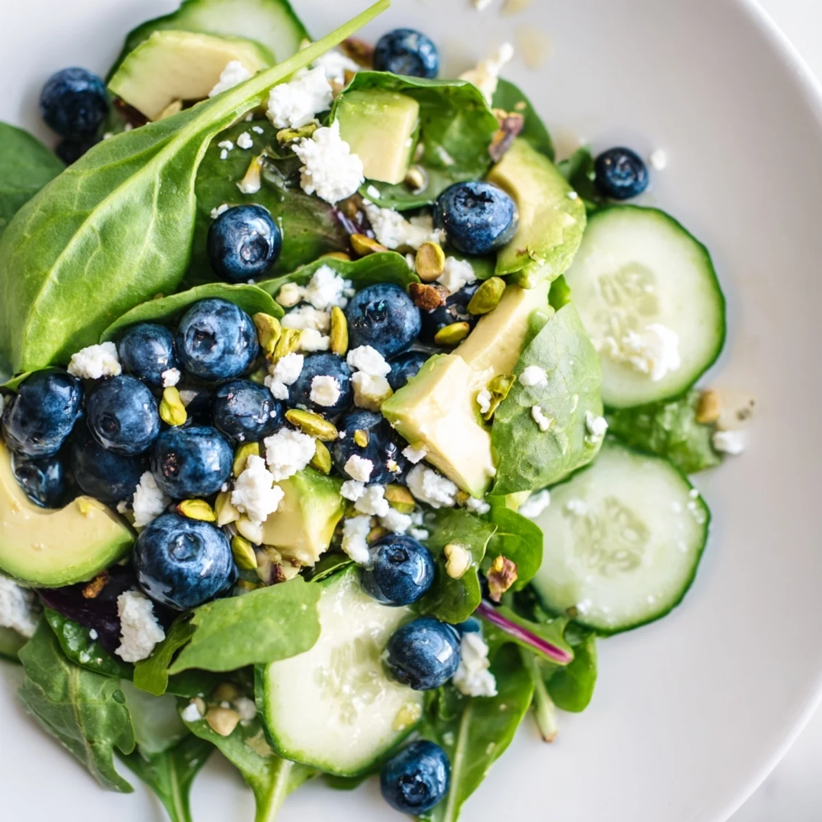 Fresh blueberry pistachio spring salad topped with creamy feta cheese and light citrus dressing