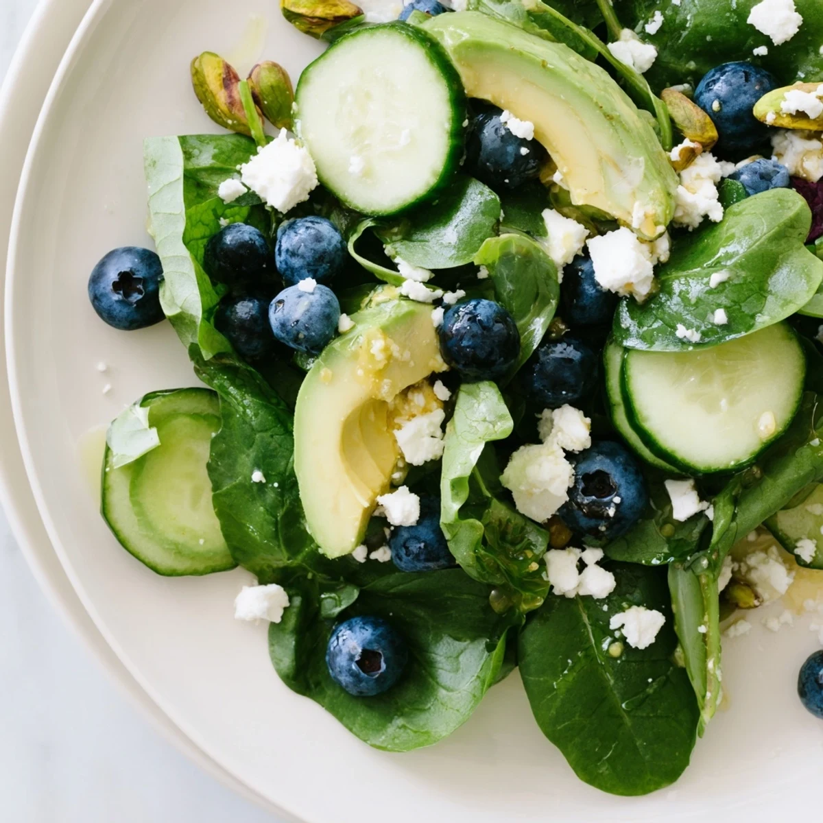 Vibrant blueberry pistachio spring salad served in a rustic bowl with zesty lemon vinaigrette