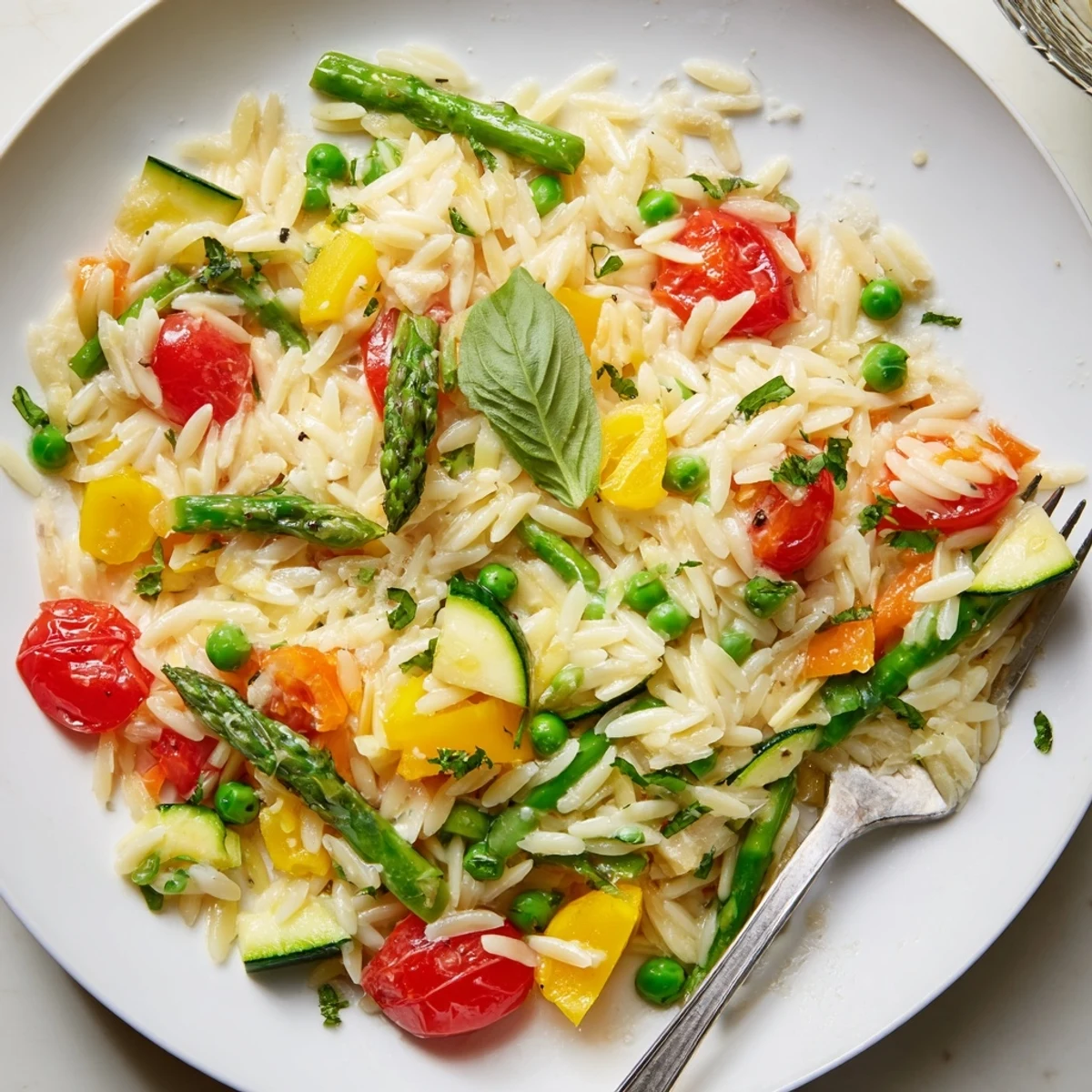 Creamy Orzo Primavera tossed with colorful spring vegetables and fresh lemon basil