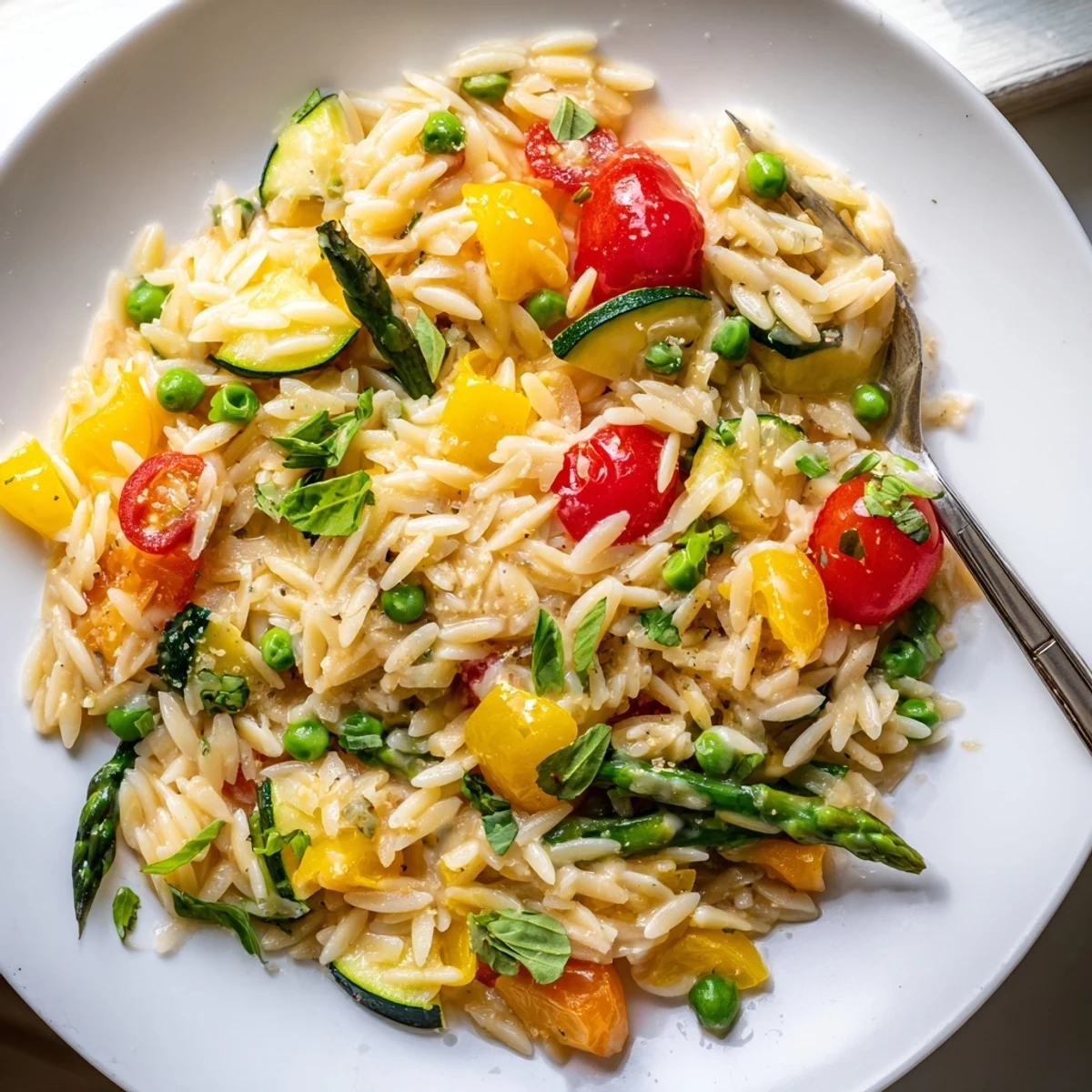 Orzo Primavera in a skillet gleaming with cherry tomatoes, zucchini, and Parmesan