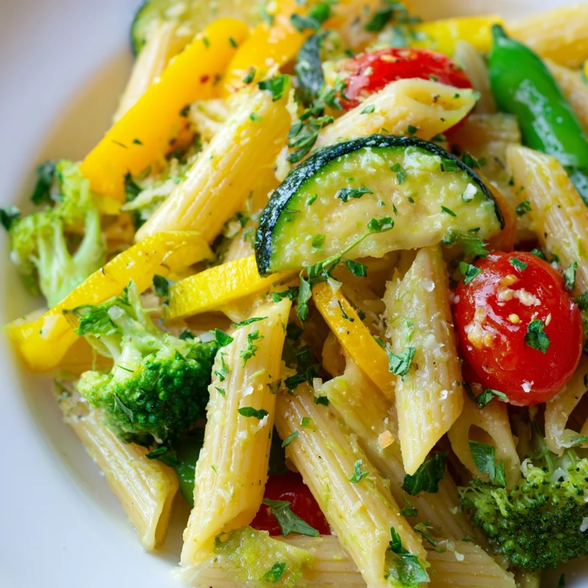 Colorful Pasta Primavera with tender spring vegetables and bright lemon herb sauce