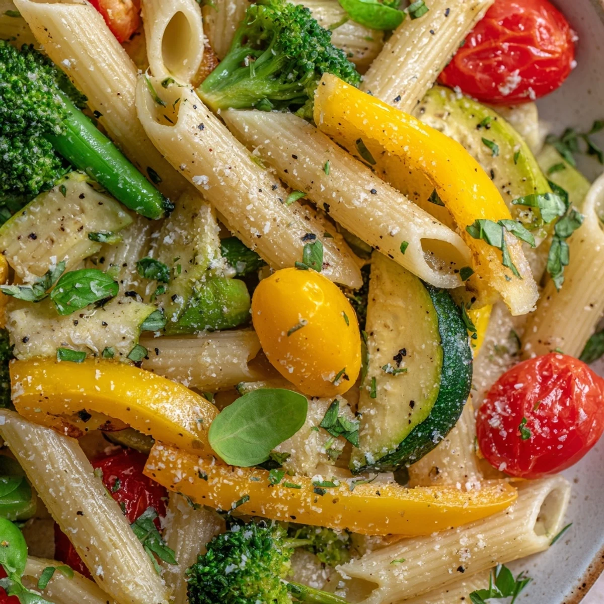 Steaming bowl of Pasta Primavera featuring al dente penne and crisp seasonal vegetables