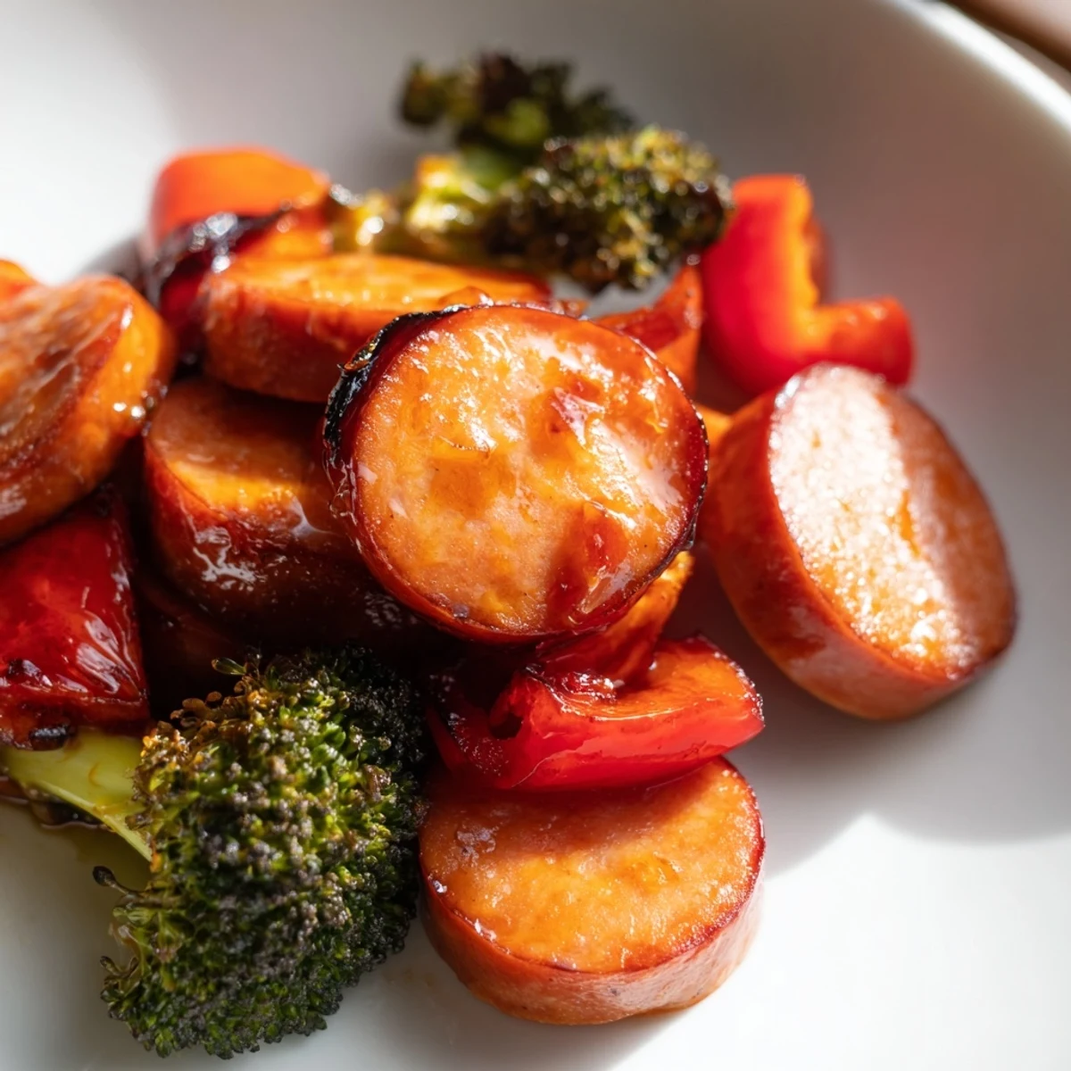 Caramelized honey garlic kielbasa with colorful roasted vegetables on a sheet pan