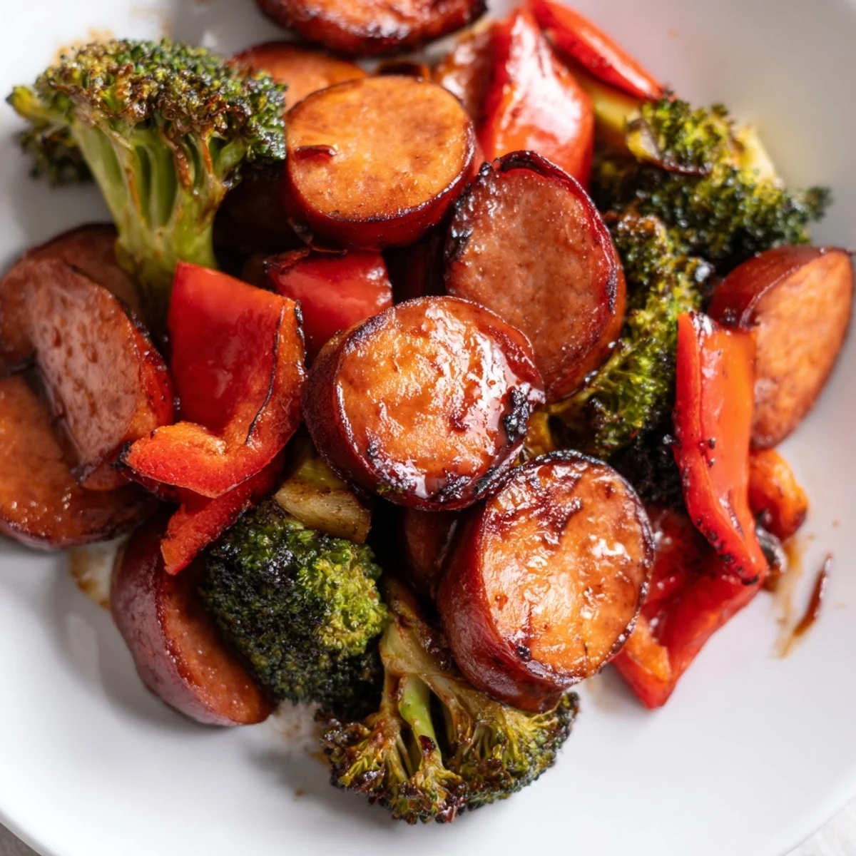 Honey garlic kielbasa and vegetables roasted golden, garnished with fresh parsley and lemon wedges