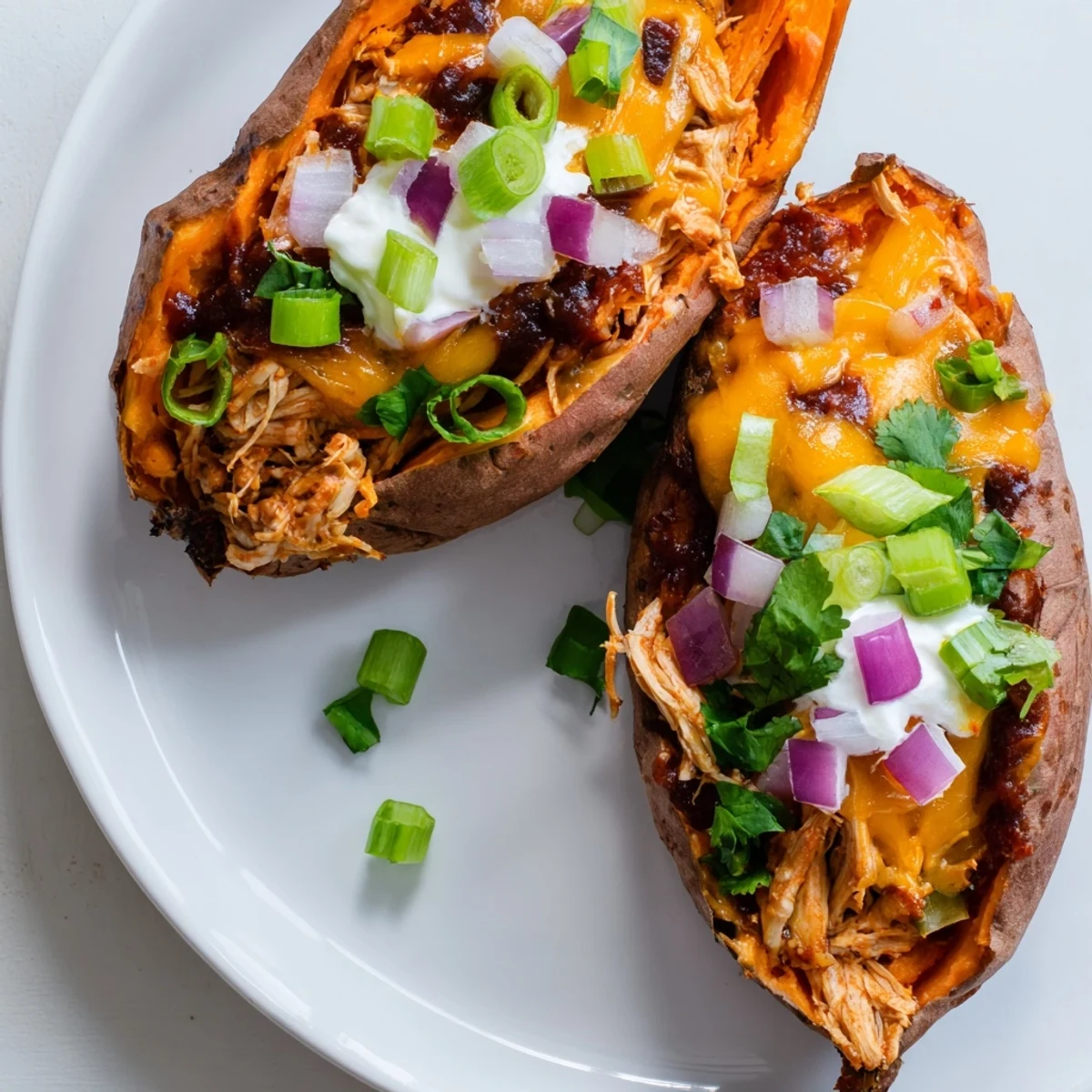 Tender roasted sweet potato split open and piled high with smoky BBQ chicken and melted cheddar cheese