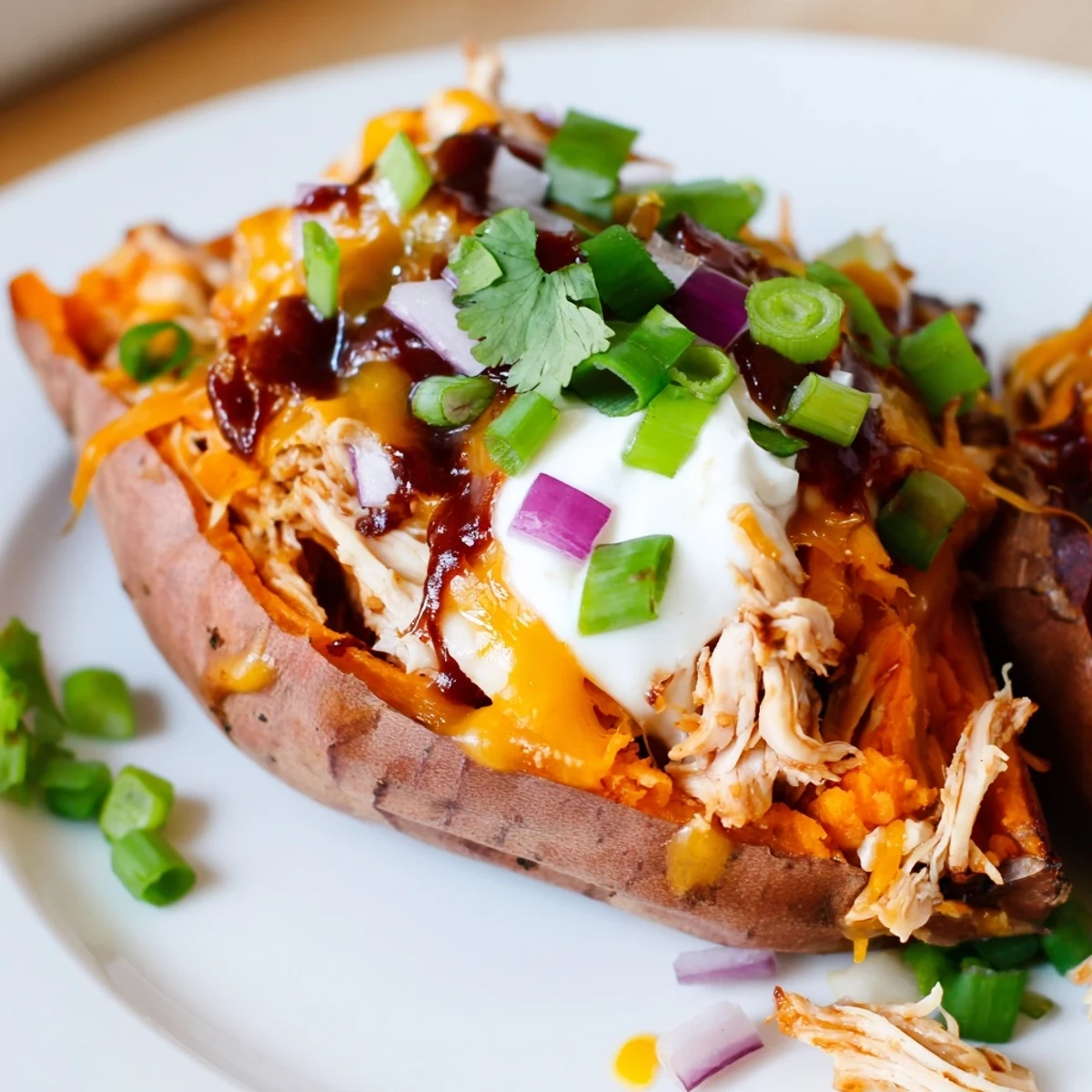 BBQ Chicken Stuffed Sweet Potatoes topped with green onions and a creamy sour cream dollop on rustic stoneware