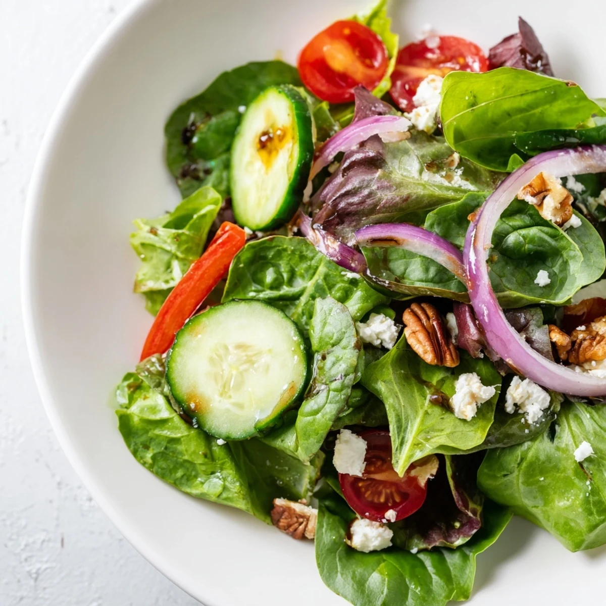 A vibrant spring mix salad topped with cherry tomatoes, cucumber, and crumbled feta cheese.