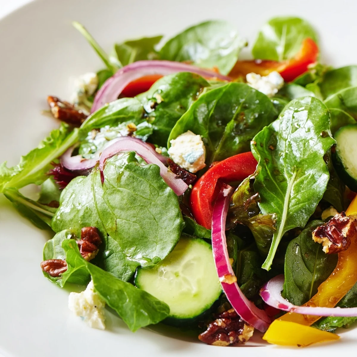 Fresh spring mix salad served in a white bowl with toasted pecans and colorful vegetables.