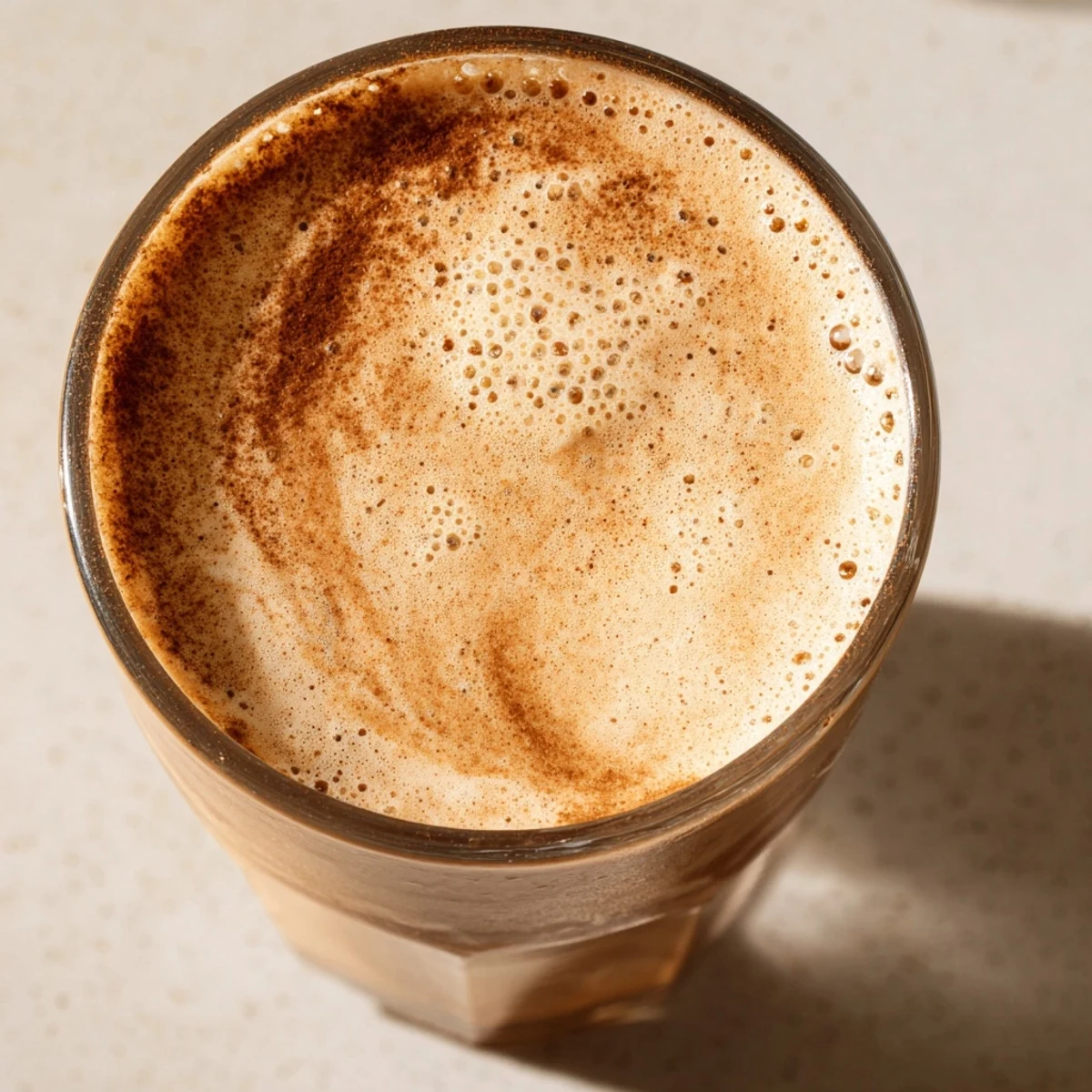 Frothy coffee smoothie topped with a dusting of cocoa in a tall glass