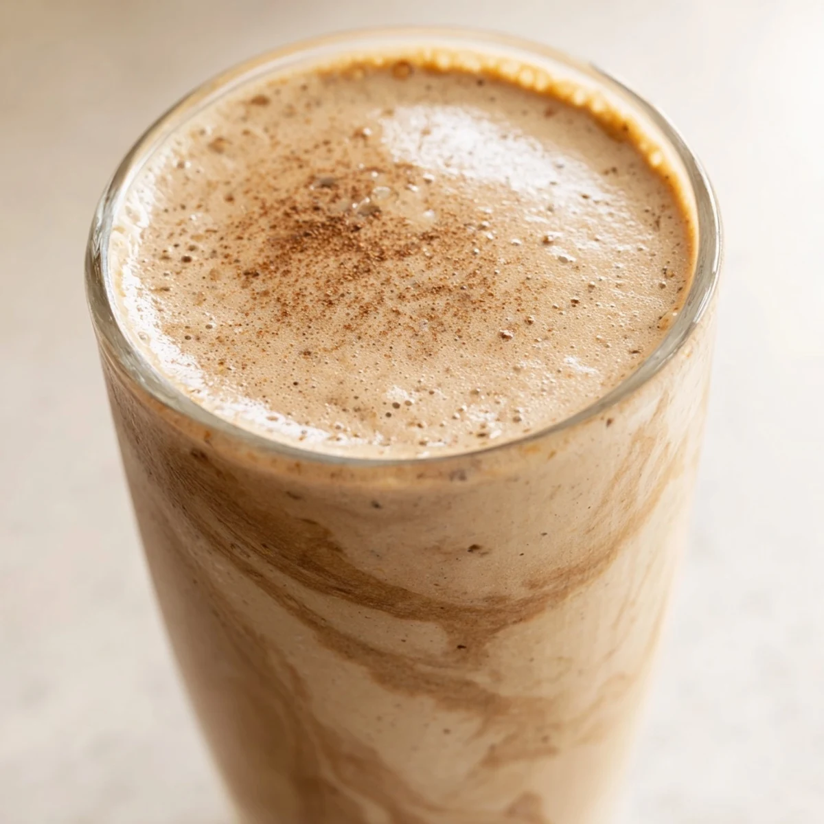 Creamy coffee smoothie blended with banana, poured into two mason jars