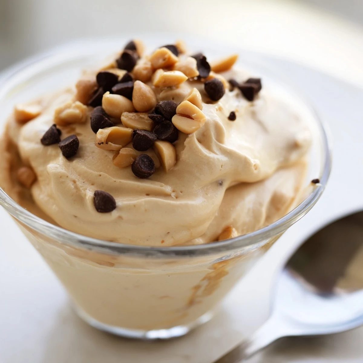 Fluffy peanut butter and Cool Whip mousse served in individual bowls with chopped peanuts