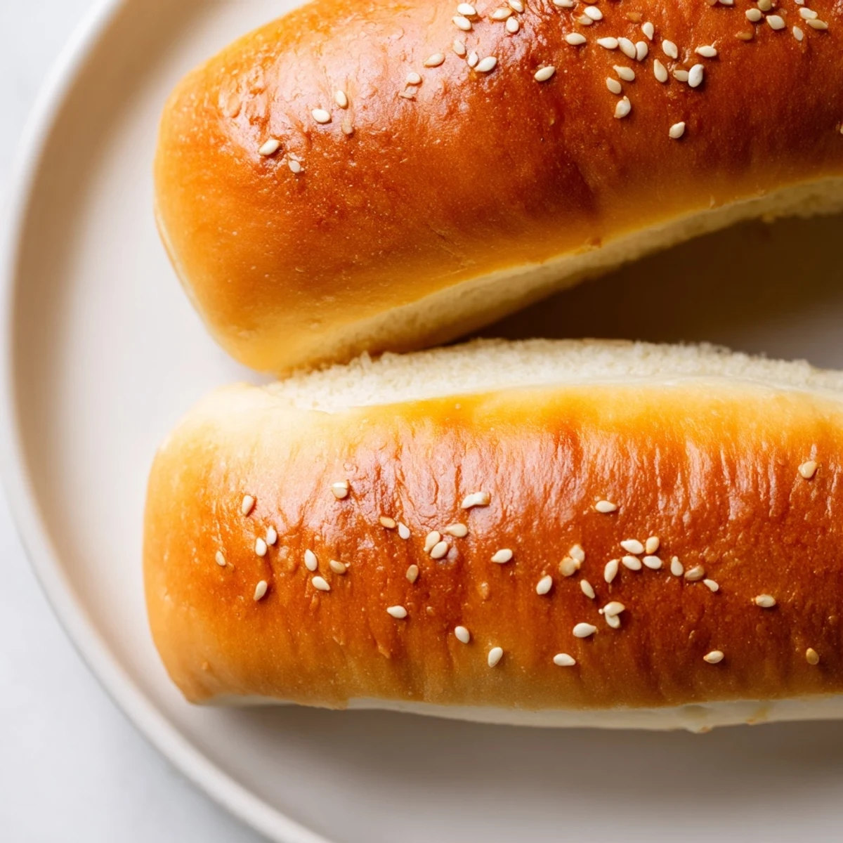 Golden sourdough discard hot dog buns brushed with butter and sprinkled with sesame seeds on a parchment-lined baking sheet