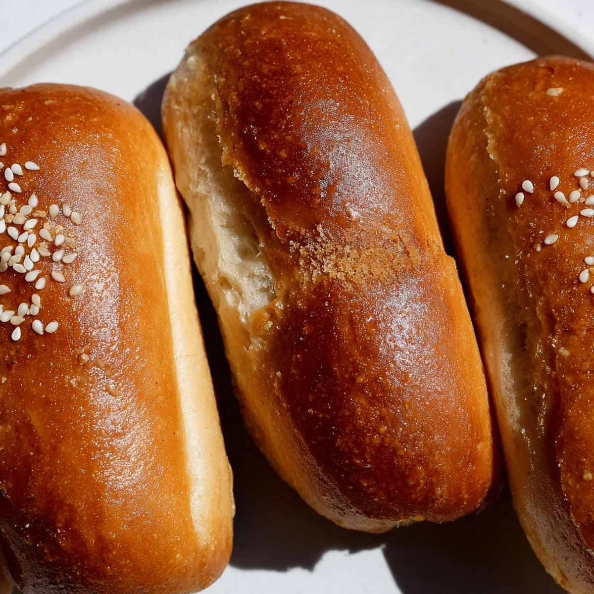Soft sourdough discard hot dog buns split open and ready for grilled sausages at a summer cookout