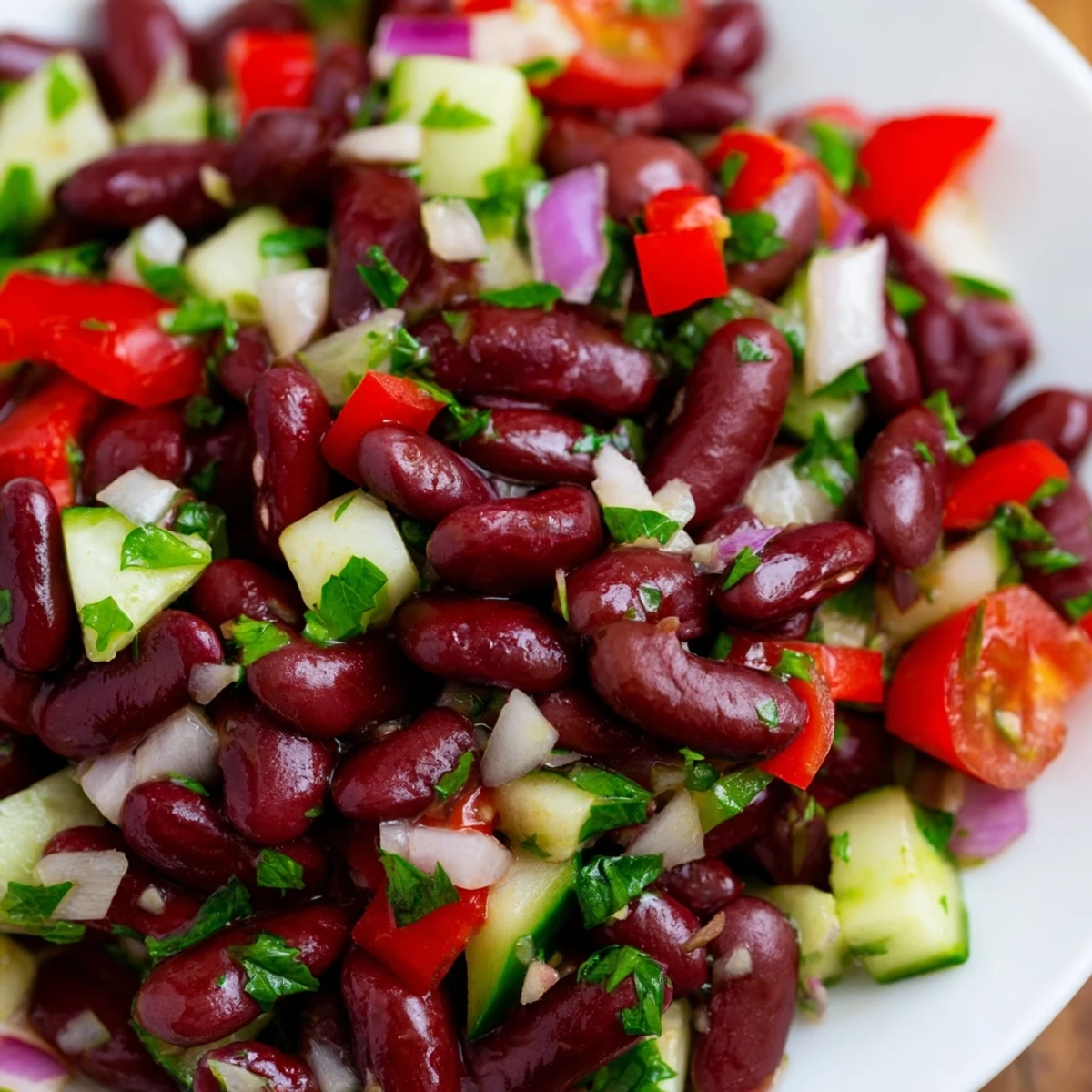 Colorful kidney bean salad tossed with crisp vegetables and glossy vinaigrette in a serving bowl