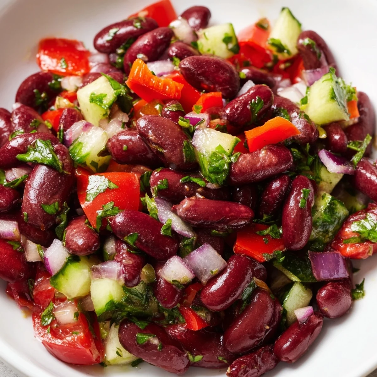 Kidney bean salad featuring vibrant red peppers, cucumbers, and fresh herbs in tangy dressing