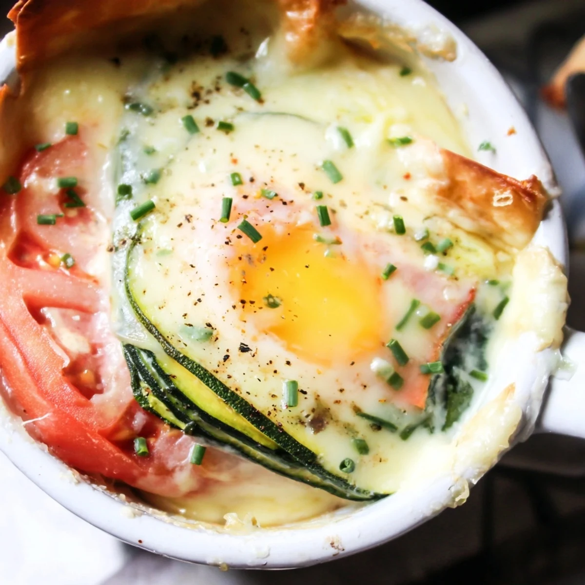 Golden Baked Eggs Napoleon with runny yolks nestled in creamy cheese sauce and layered vegetables