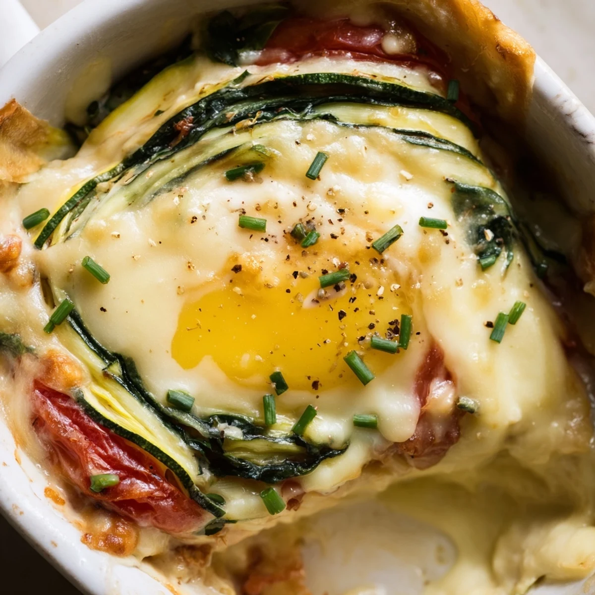 Savory Baked Eggs Napoleon served in ramekins with spinach, ham, and golden Gruyère sauce