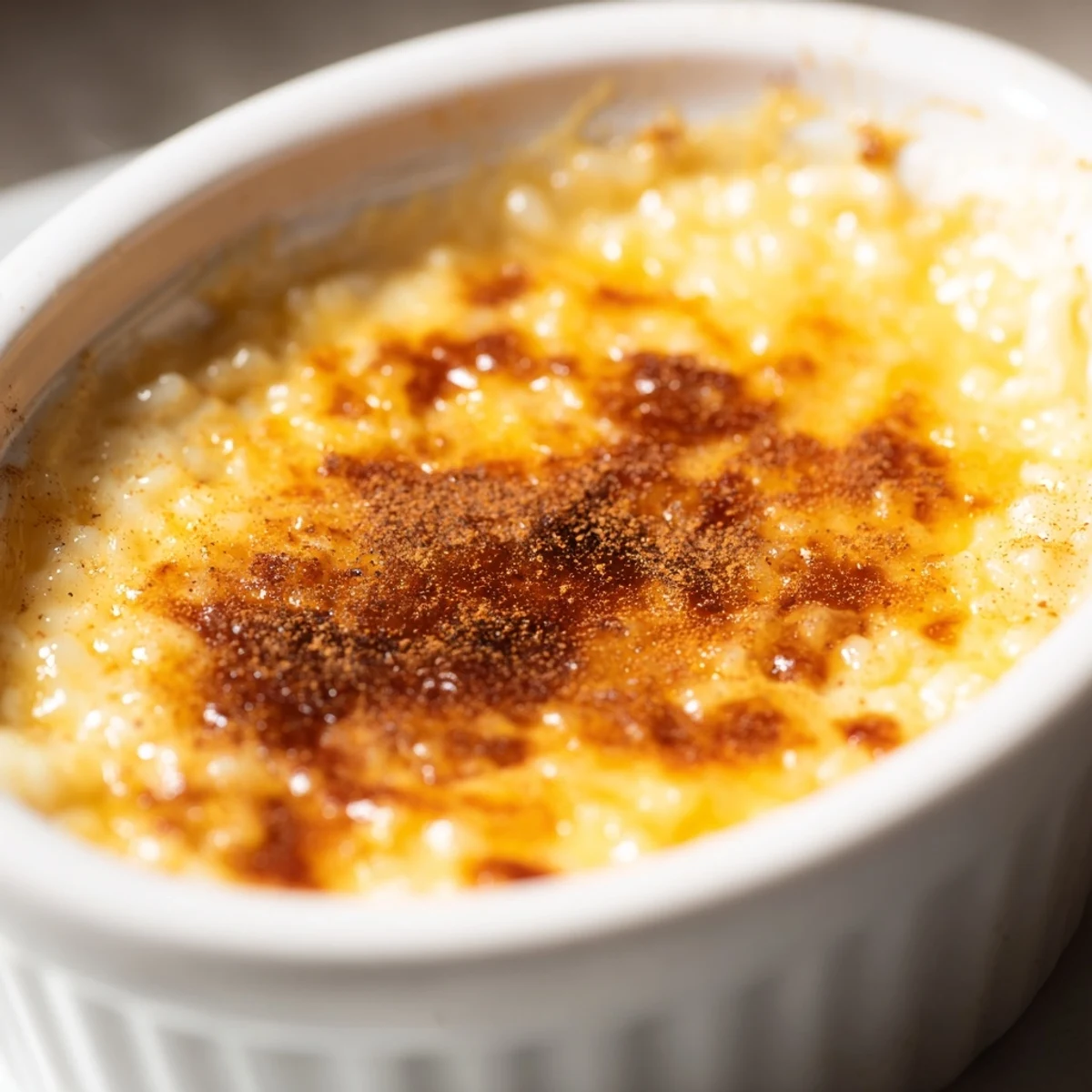 Creamy Portuguese rice custard topped with golden cinnamon sugar in white ramekins