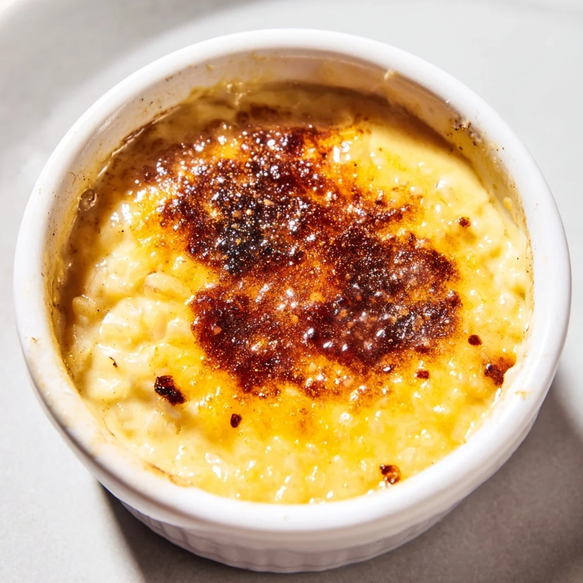 Silky Portuguese rice custard with a speckled cinnamon crust served warm