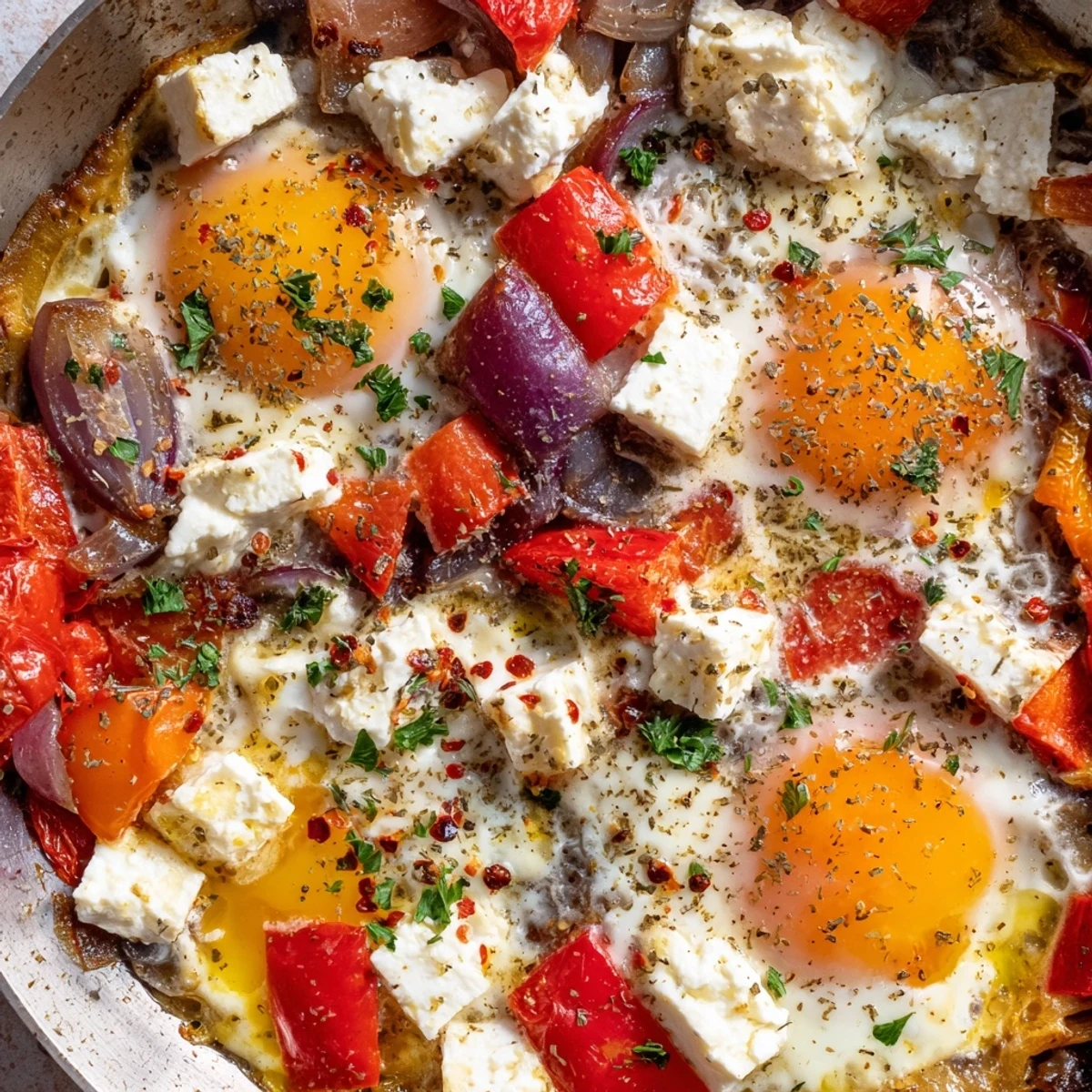 Golden baked feta eggs with runny yolks nestled in creamy melted cheese and roasted vegetables