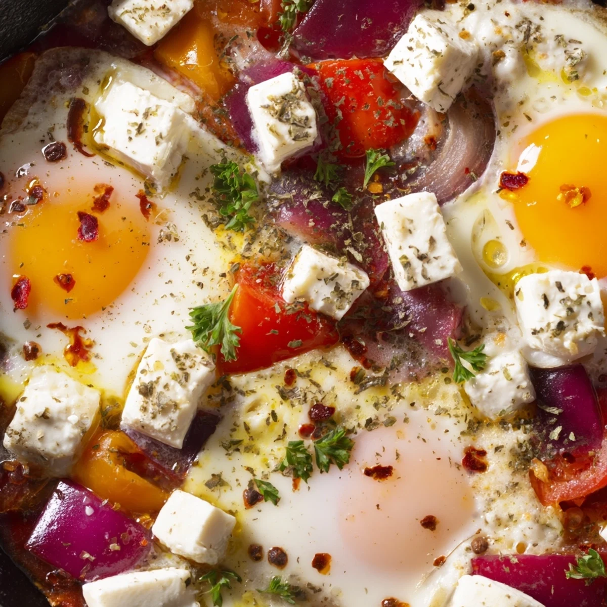 Warm skillet of baked feta eggs topped with fresh parsley and red pepper flakes