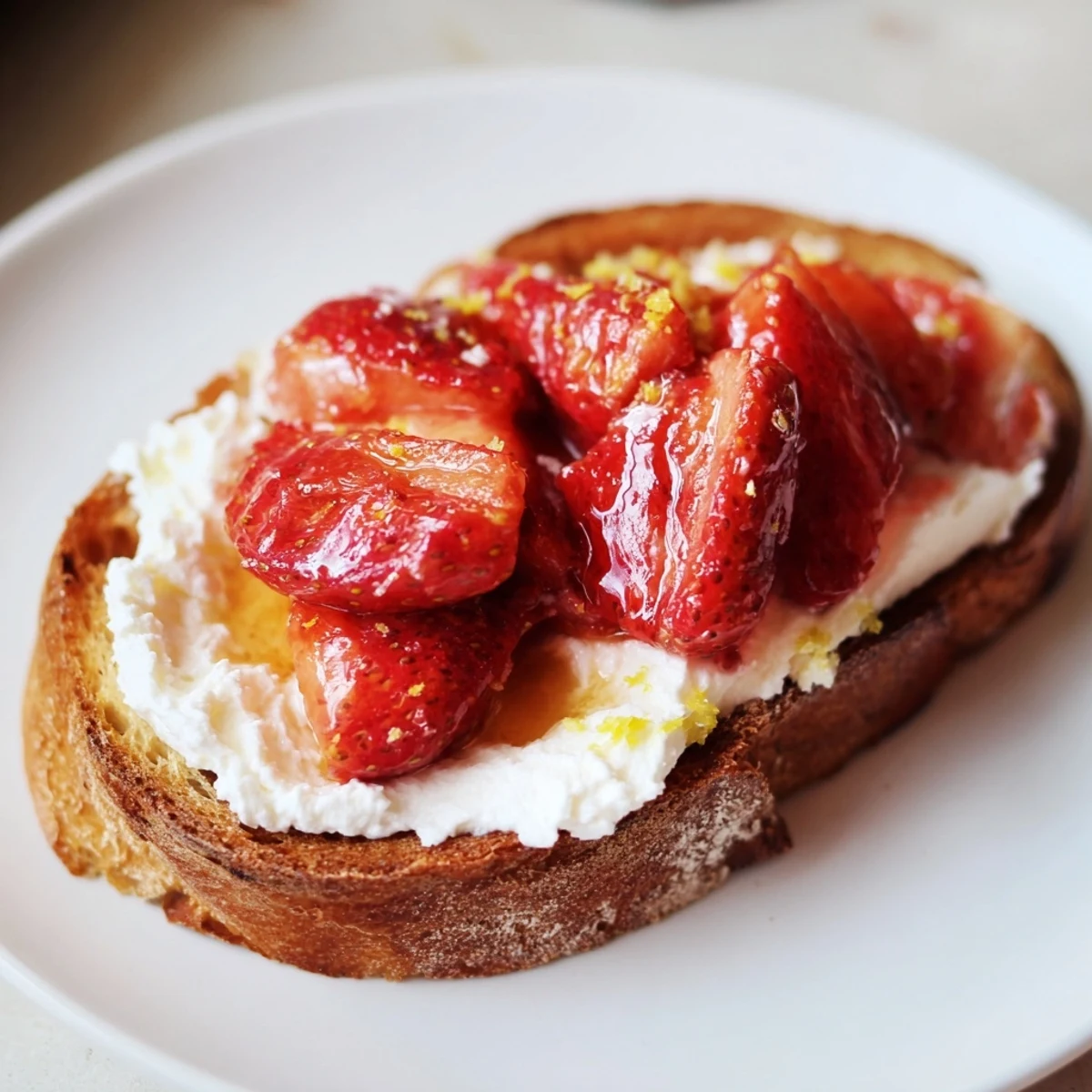 Creamy whipped ricotta topped with sweet roasted strawberries on crispy golden sourdough toast slices