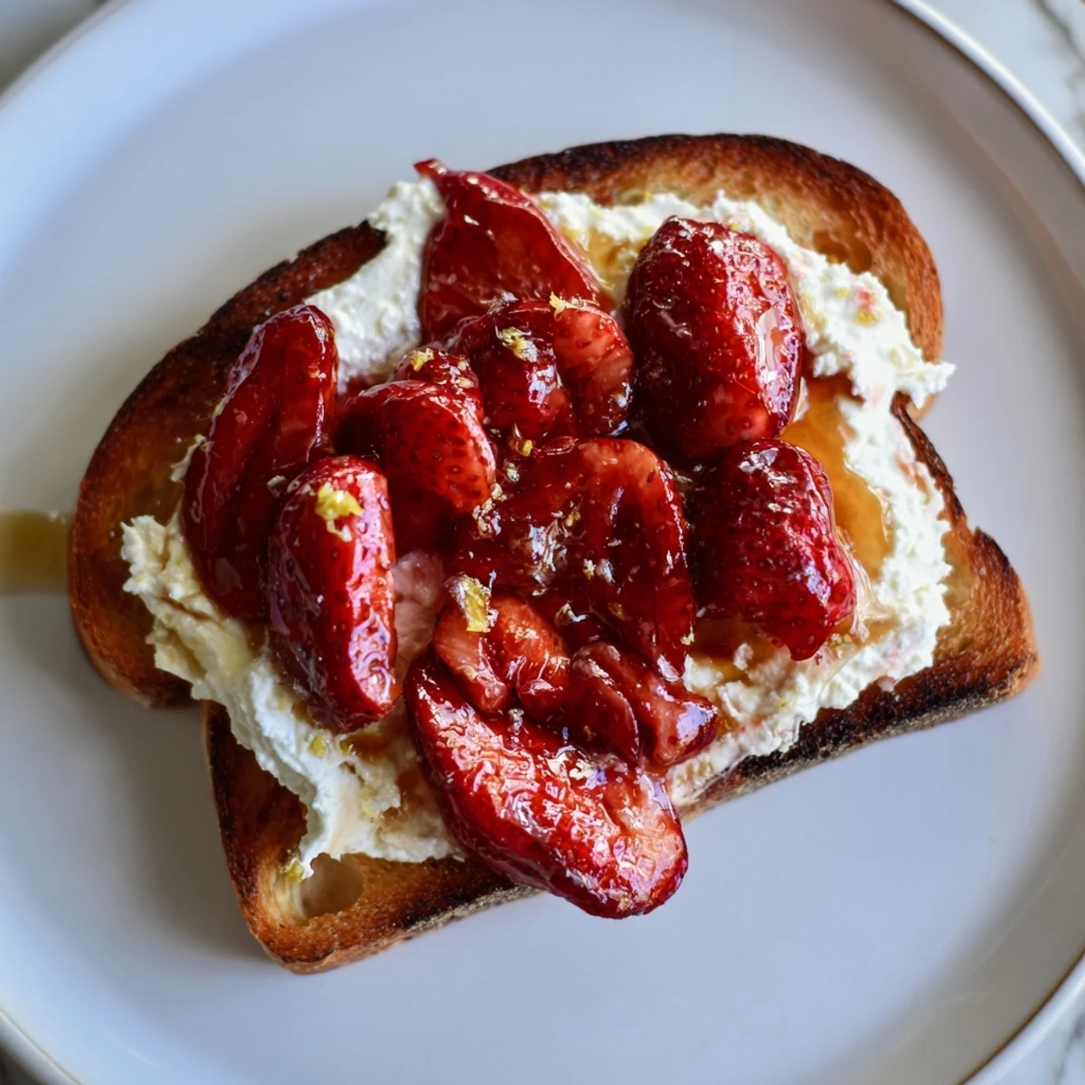 Roasted strawberry whipped ricotta toast with syrupy berries and fresh mint garnish on rustic bread