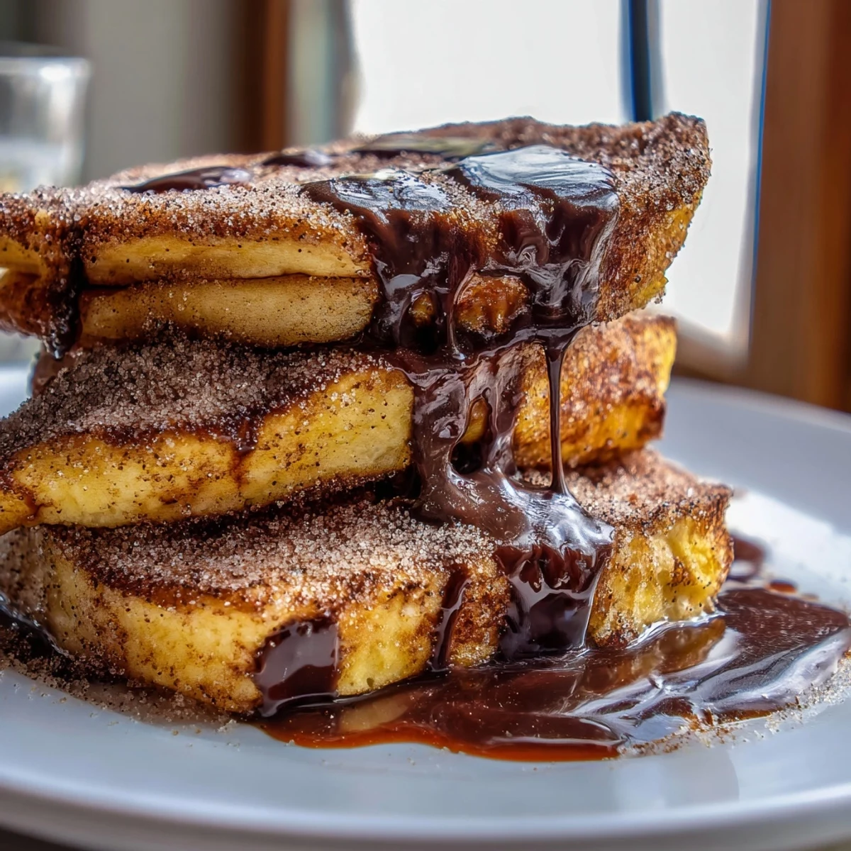 Stack of Spanish Churro Pancakes dusted with cinnamon sugar and drizzled chocolate sauce