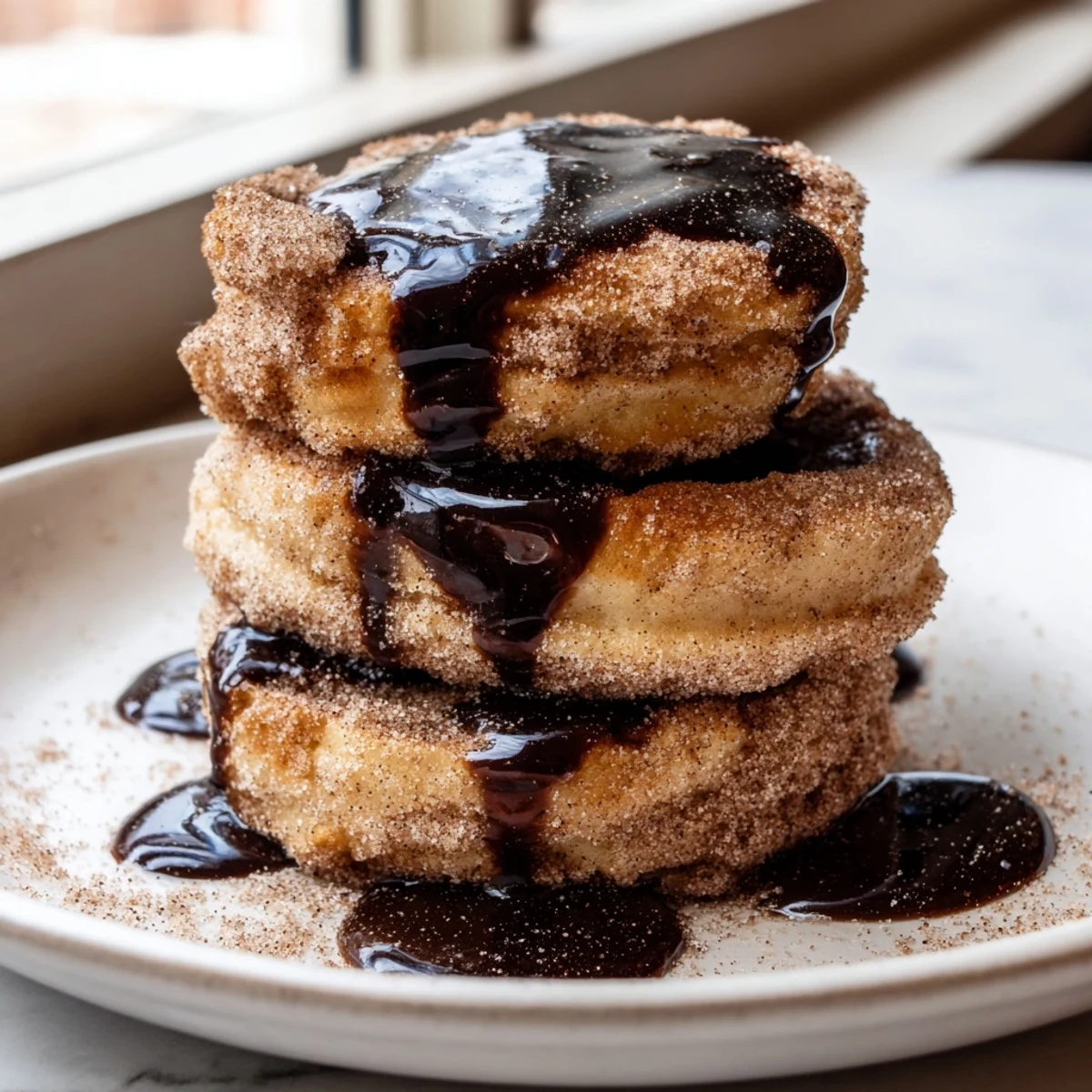 Fluffy Spanish Churro Pancakes coated in sweet cinnamon sugar on a white plate