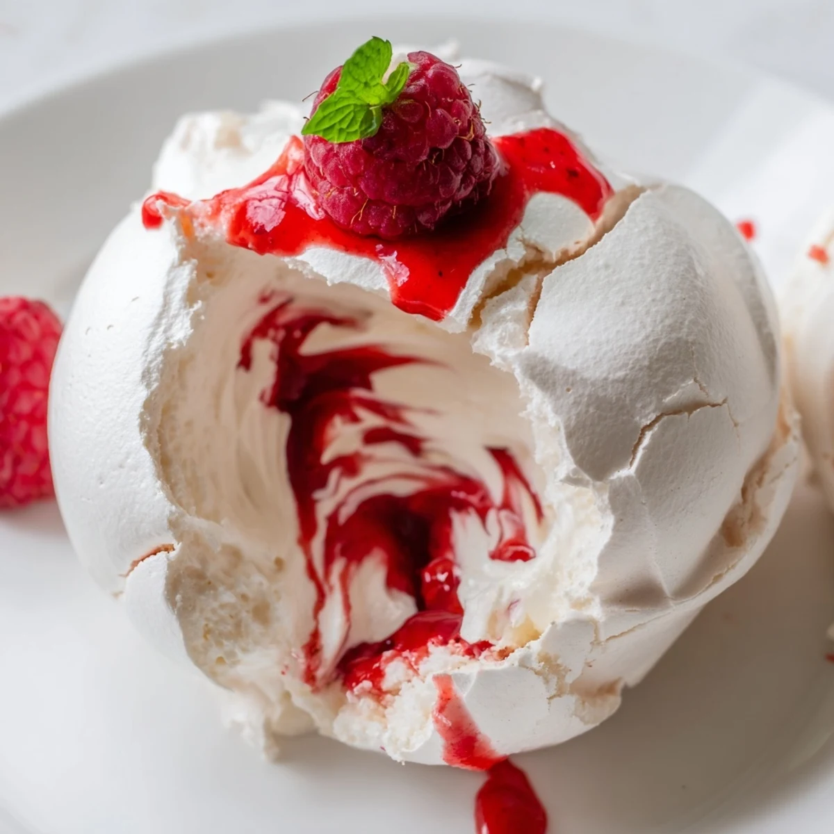 Crispy Pavlova Bombs With Raspberry Coulis topped with fresh berries and mint leaves