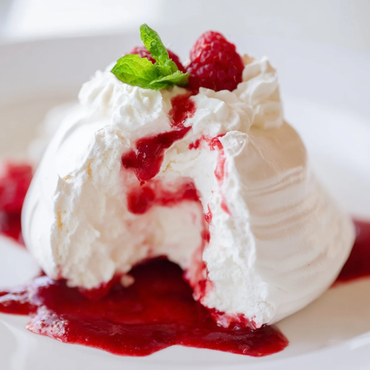 Cream-filled Pavlova Bombs With Raspberry Coulis on a white serving plate