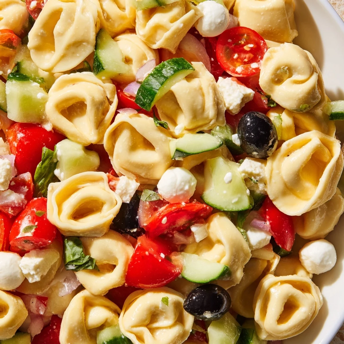 Colorful tortellini salad with cherry tomatoes, cucumber, and mozzarella tossed in zesty Italian dressing