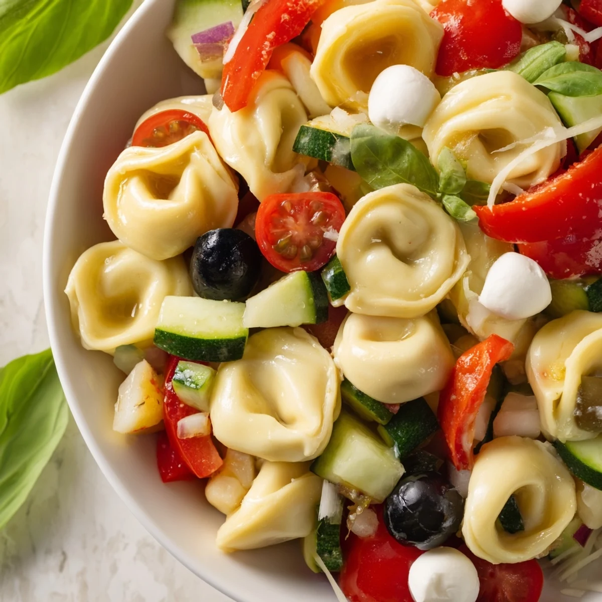 Creamy cheese tortellini salad topped with fresh basil, olives, and grated Parmesan cheese
