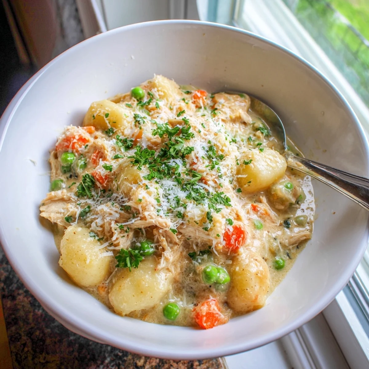 Creamy one pot gnocchi chicken pot pie in a rustic Dutch oven with tender vegetables