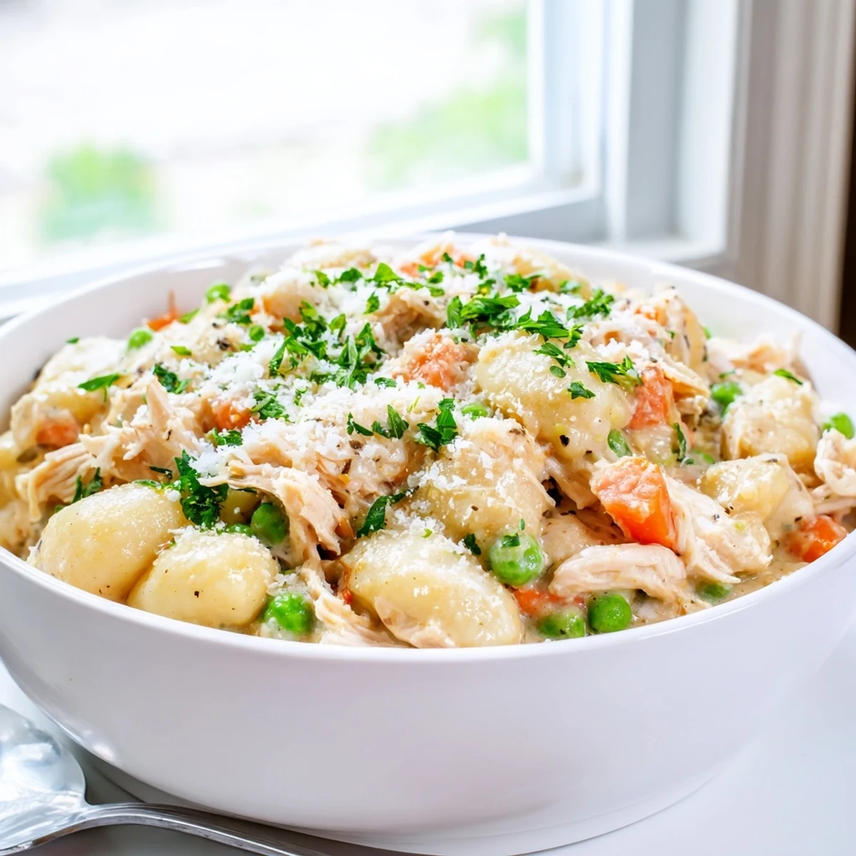 Golden one pot gnocchi chicken pot pie topped with fresh parsley garnish
