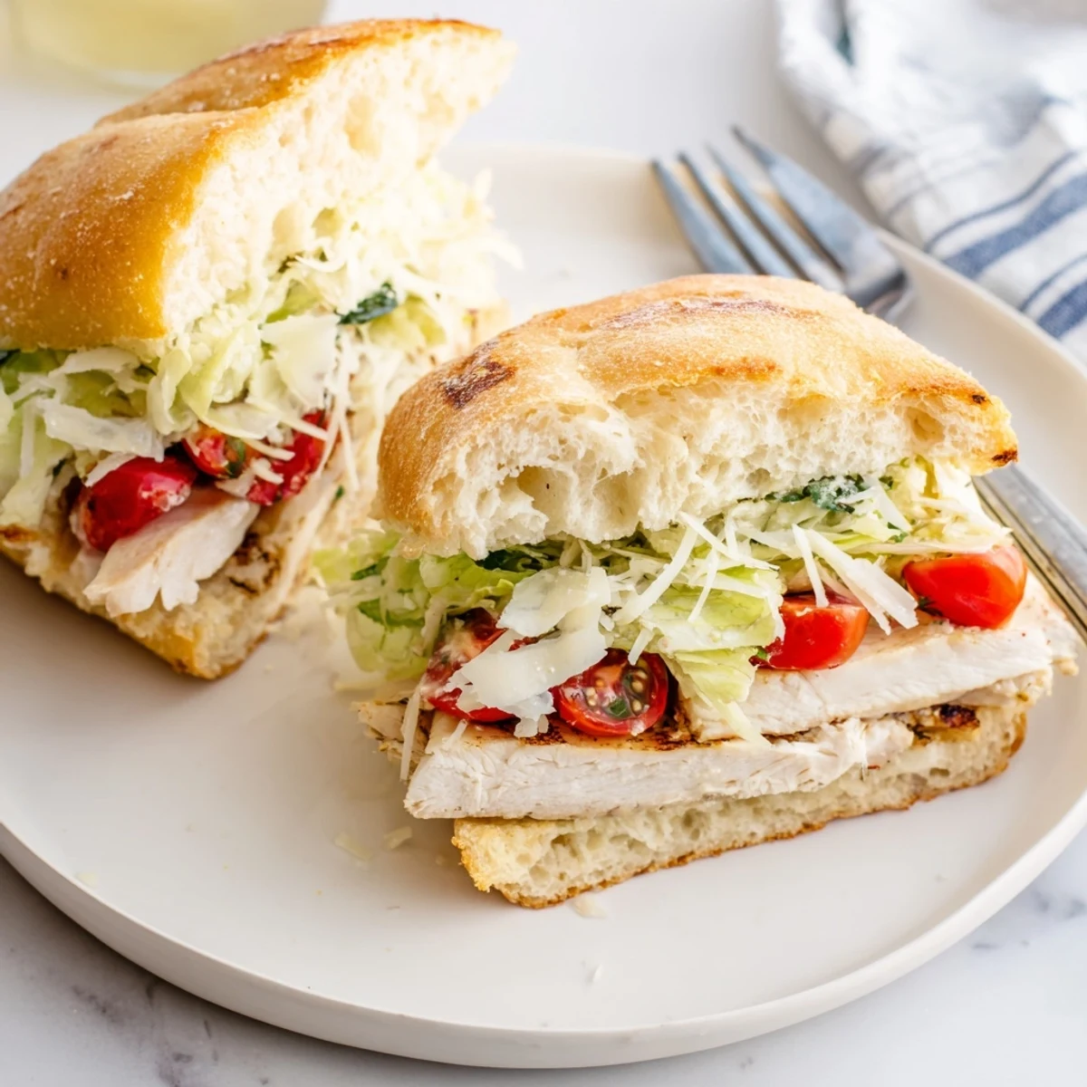 Juicy grilled chicken Caesar sandwich with crisp romaine and creamy dressing on golden toasted ciabatta