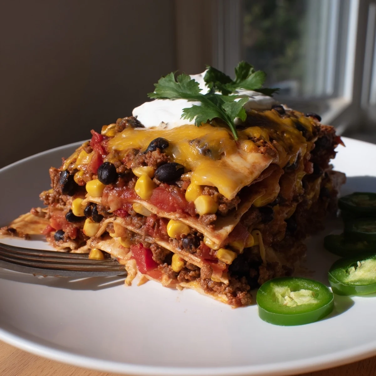 Golden bubbling Mexican lasagna with layers of seasoned beef, beans, and melted cheese in a baking dish