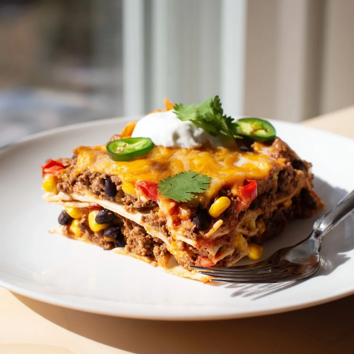 Mexican lasagna layered with spiced ground beef, black beans, corn, and gooey melted cheese