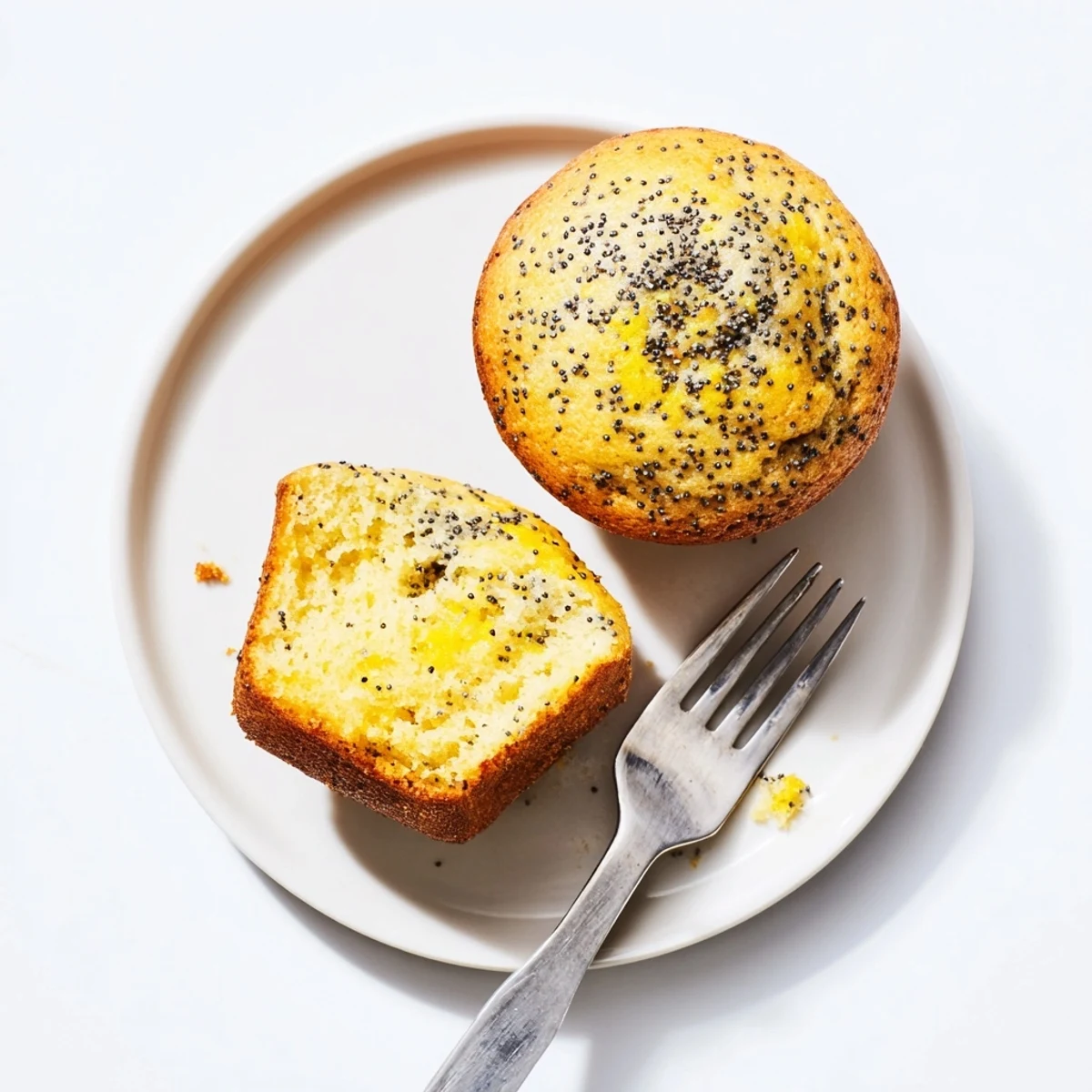 Golden lemon poppy seed muffins with domed tops rest in paper liners on a cooling rack.