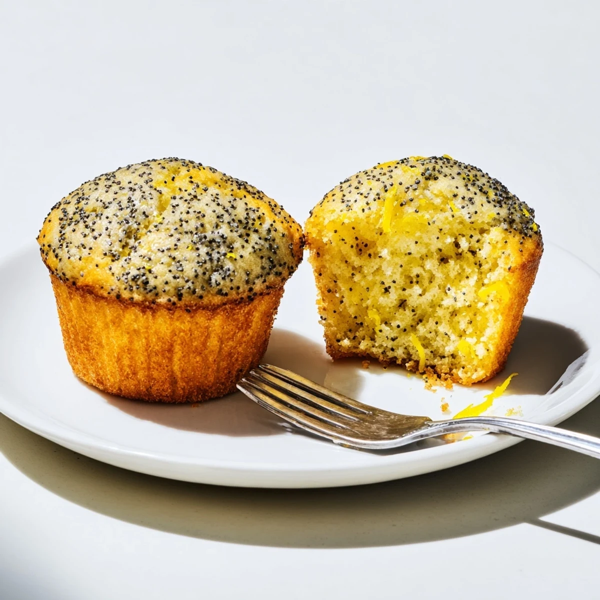 Moist lemon poppy seed muffins speckled with zest, ready for breakfast or afternoon tea.