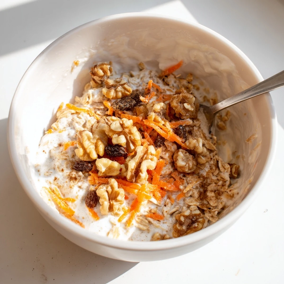 Carrot Cake Overnight Oats in a glass jar topped with crunchy walnuts and a sprinkle of cinnamon