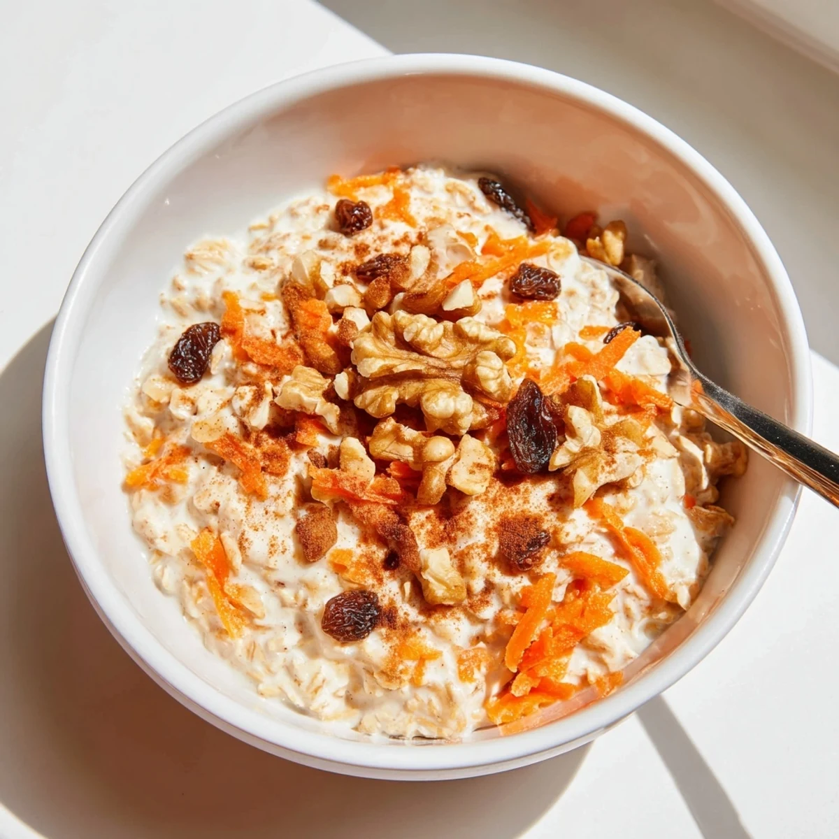 Creamy Carrot Cake Overnight Oats served in a mason jar with grated carrots and raisins visible