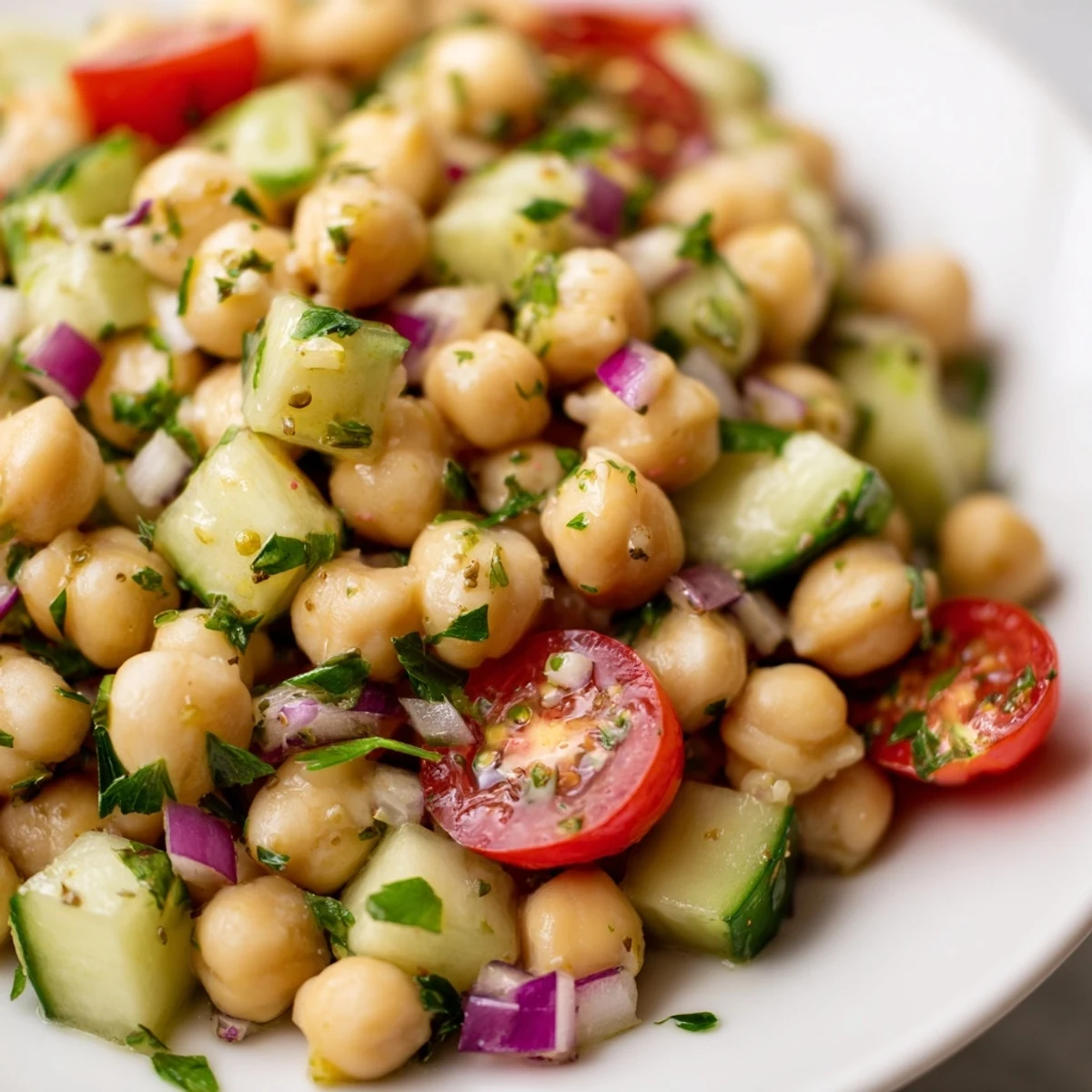 Chickpea cucumber salad in a white bowl with fresh herbs and bright lemon dressing